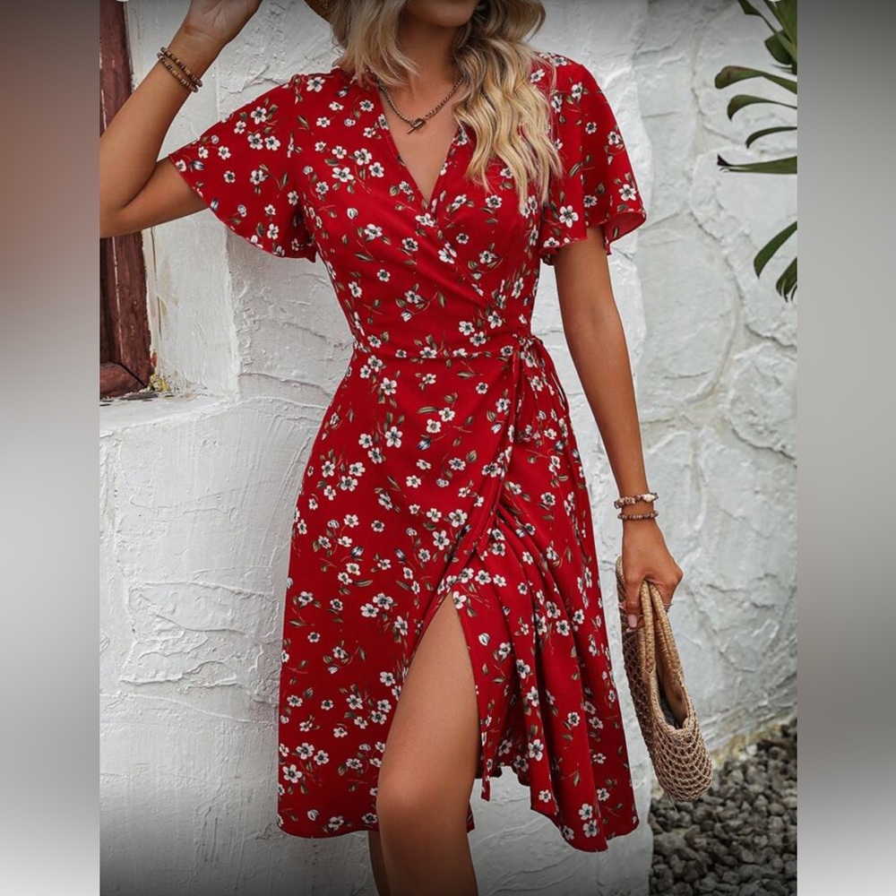 Boho floral print wrap knotted midi dress